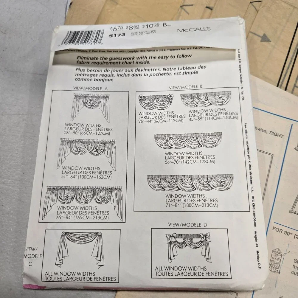 McCalls 5173 Sewing Pattern Home Dec In a sec, Lined Swag, Valance, Rosettes CUT
